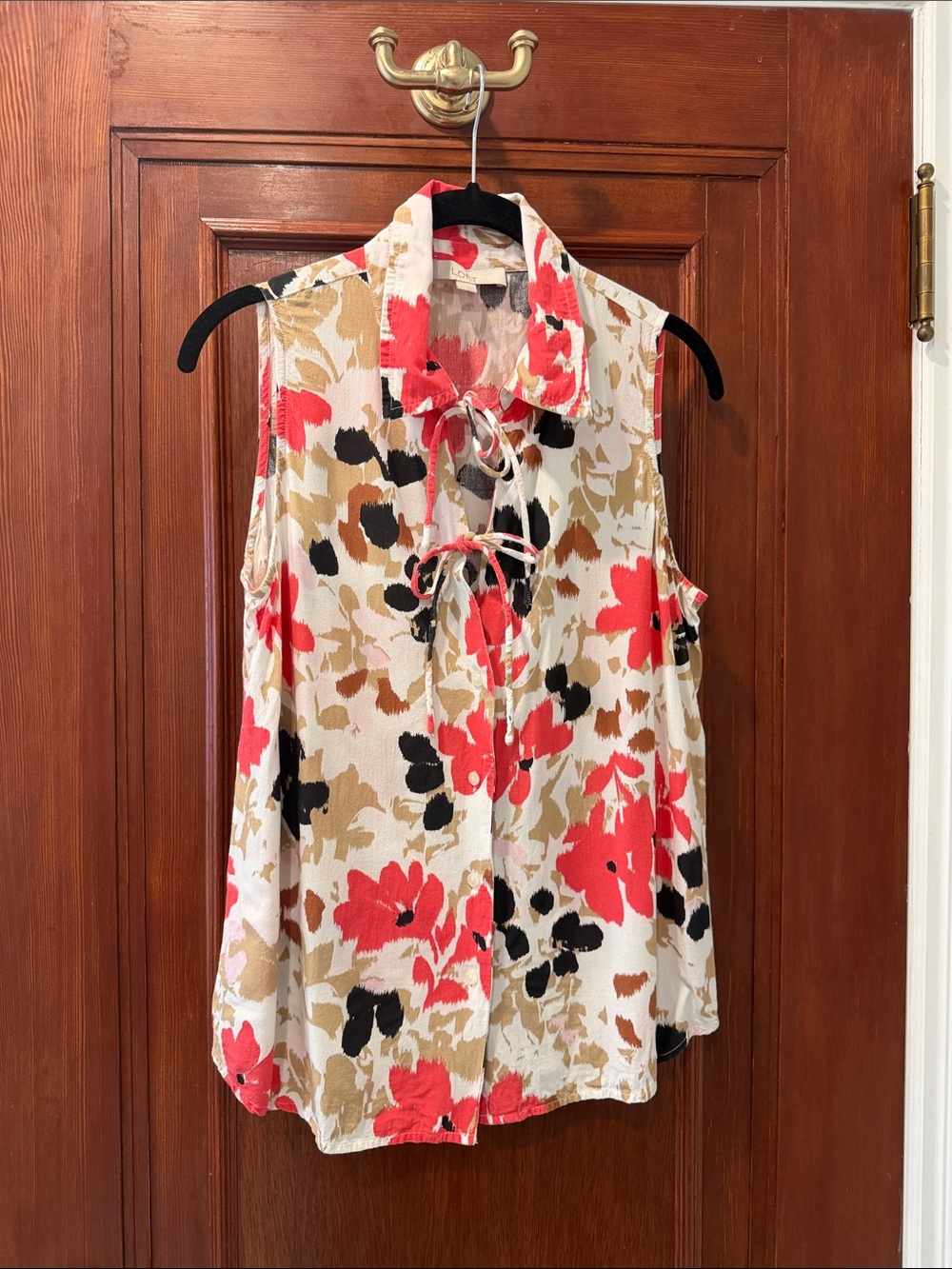 LOFT Sleeveless Tie-Front Floral Blouse in White, Coral, Black, Tan